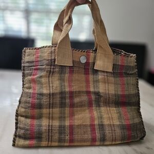 Vintage Brown + Pink Checkered Tote